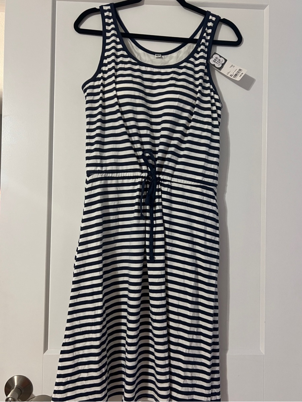 Uniqlo Navy and White Striped Sleeveless Drawstring Dress